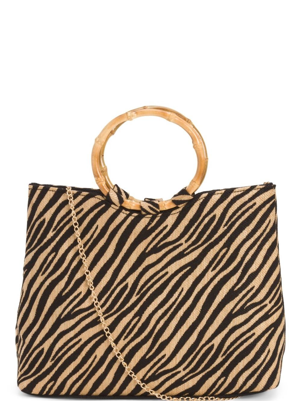 Zebra-Print Tote Bag with Bamboo Handles - Black & Tan